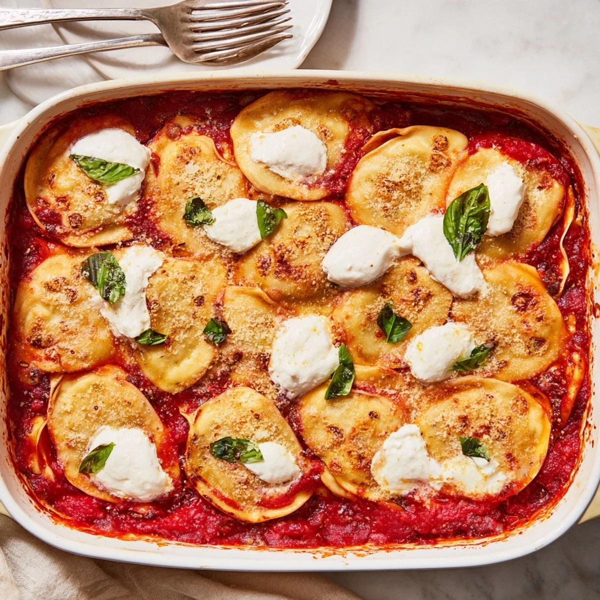 Baked dumpling lasagna dish with crispy cheese topping and tender dumplings in a rectangular baking pan