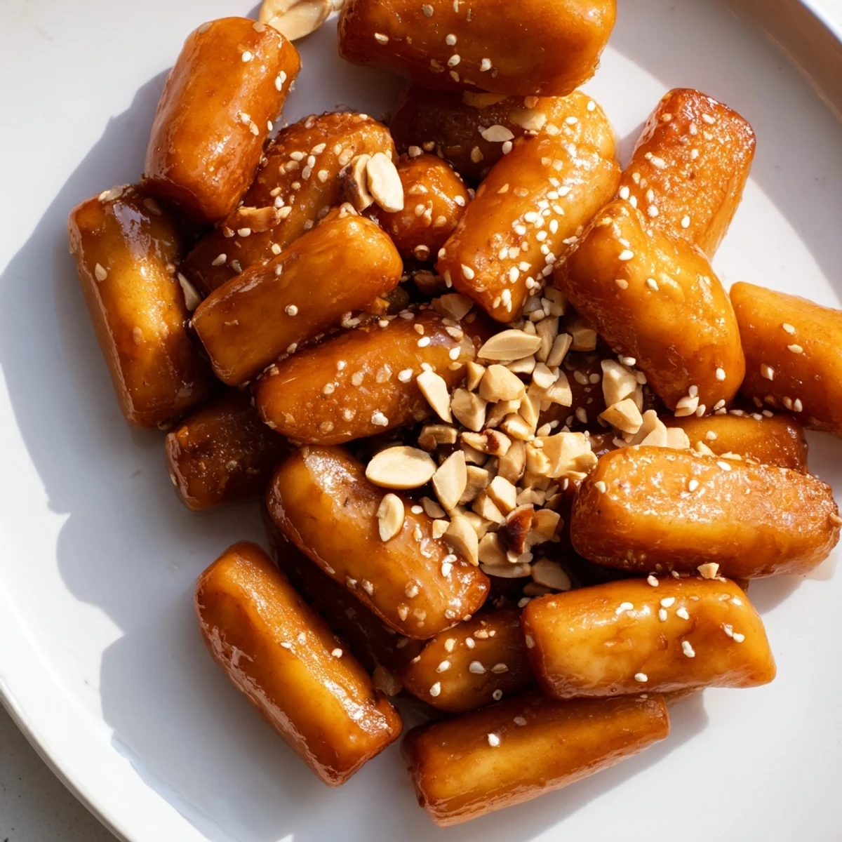 Golden Korean pan fried rice cakes coated in a shiny sweet butter glaze with sesame seeds