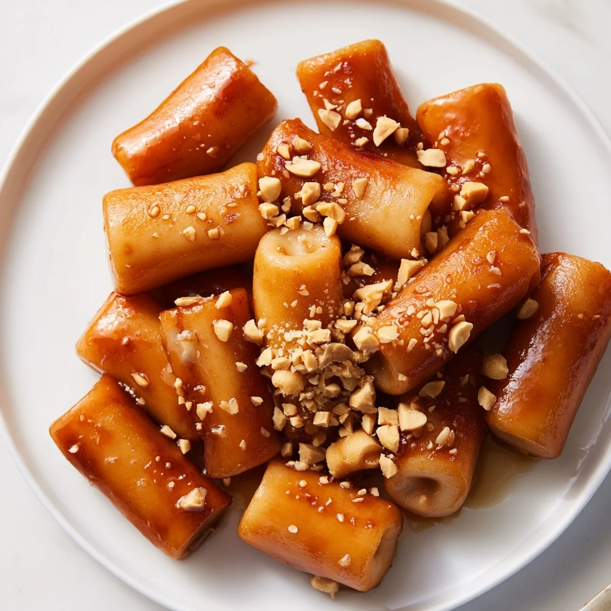 Glossy Korean rice cakes drizzled with sweet butter glaze and sprinkled with toasted sesame seeds