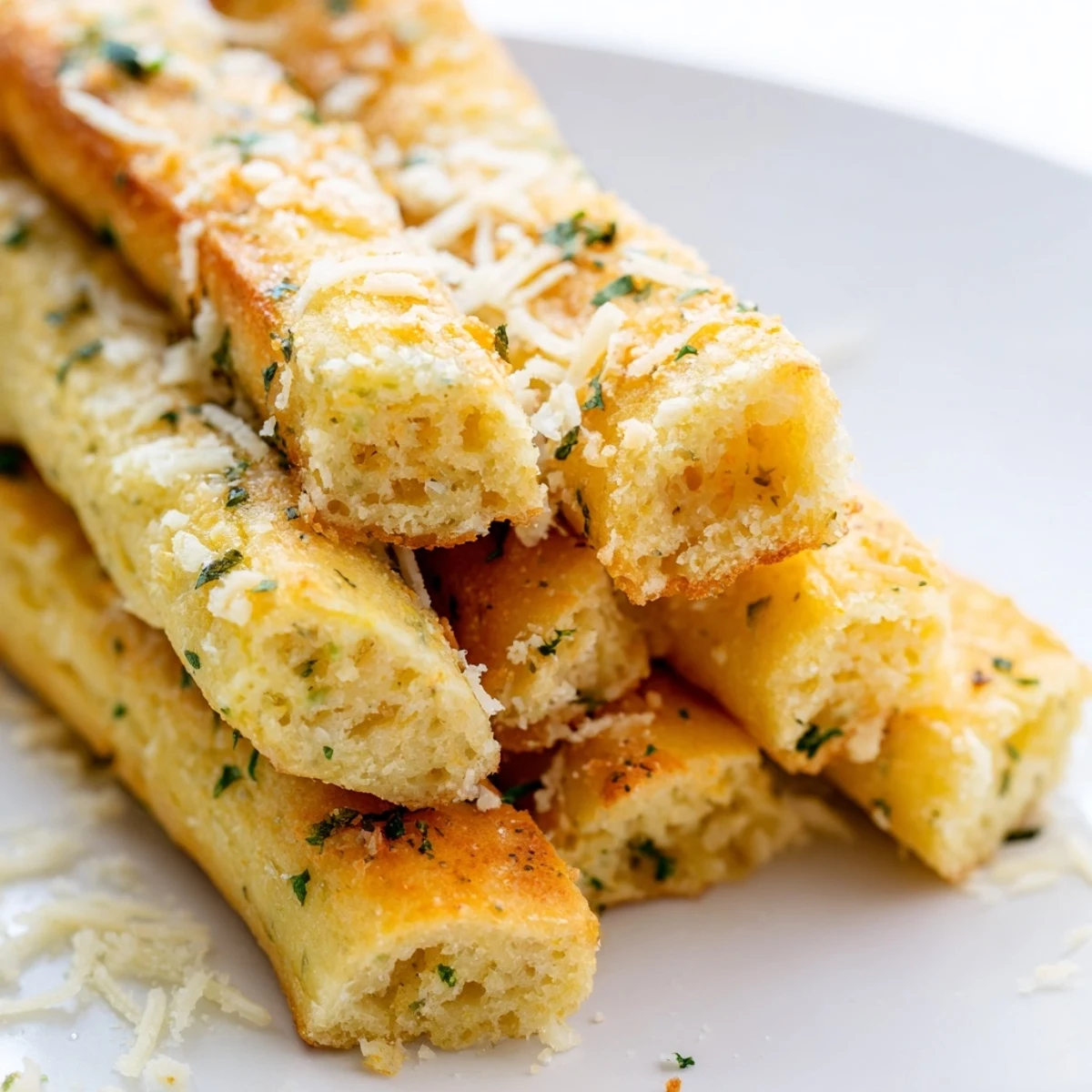 Soft low-carb breadsticks brushed with garlic butter and parsley on a wooden board