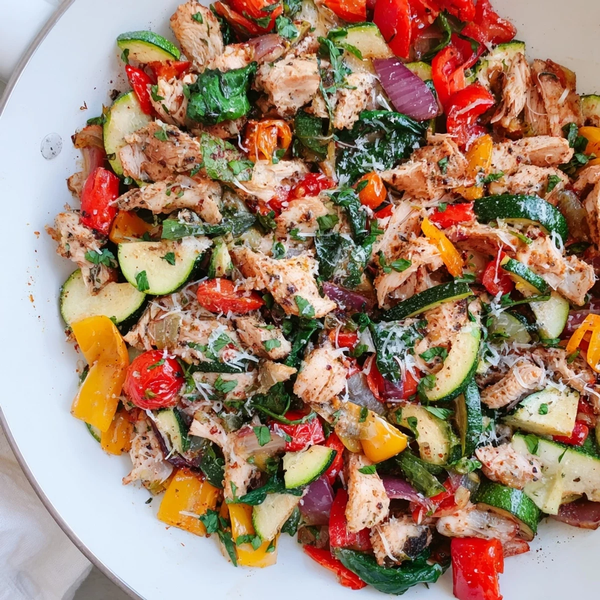 Golden rotisserie chicken and vegetables sizzling in a skillet with fresh spinach and red bell peppers