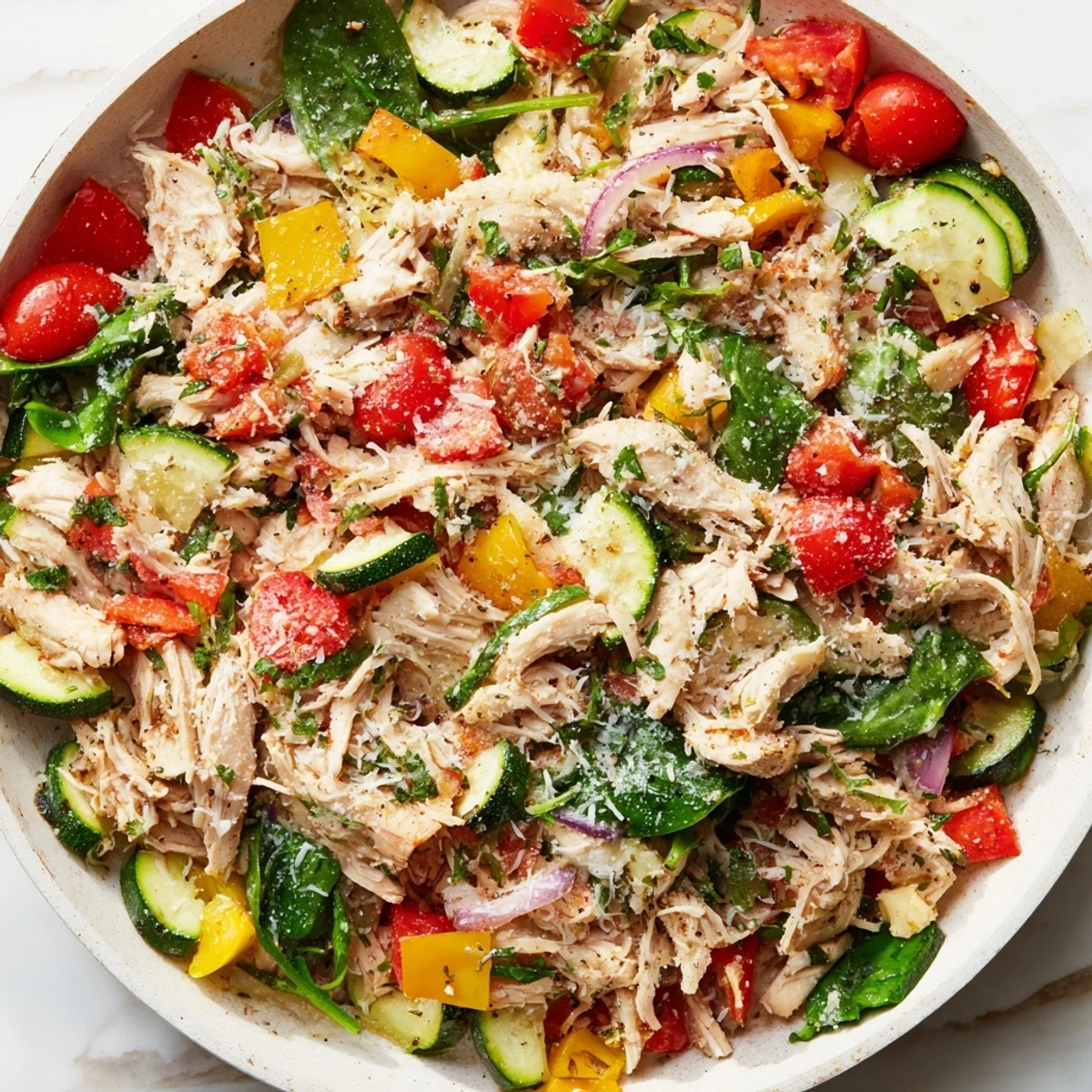 Colorful one-pan rotisserie chicken and vegetable skillet garnished with parsley and Parmesan cheese
