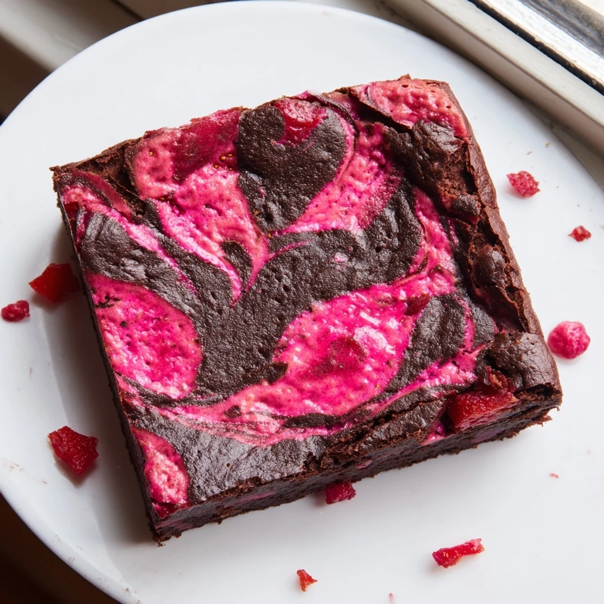 Fudgy chocolate strawberry brownies with vibrant red swirls marbled through the rich batter