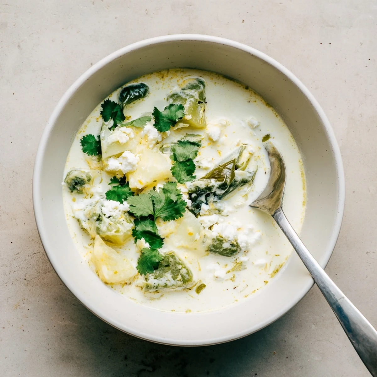 Creamy Chile Relleno Soup garnished with fresh cilantro and crumbled queso fresco in a white bowl