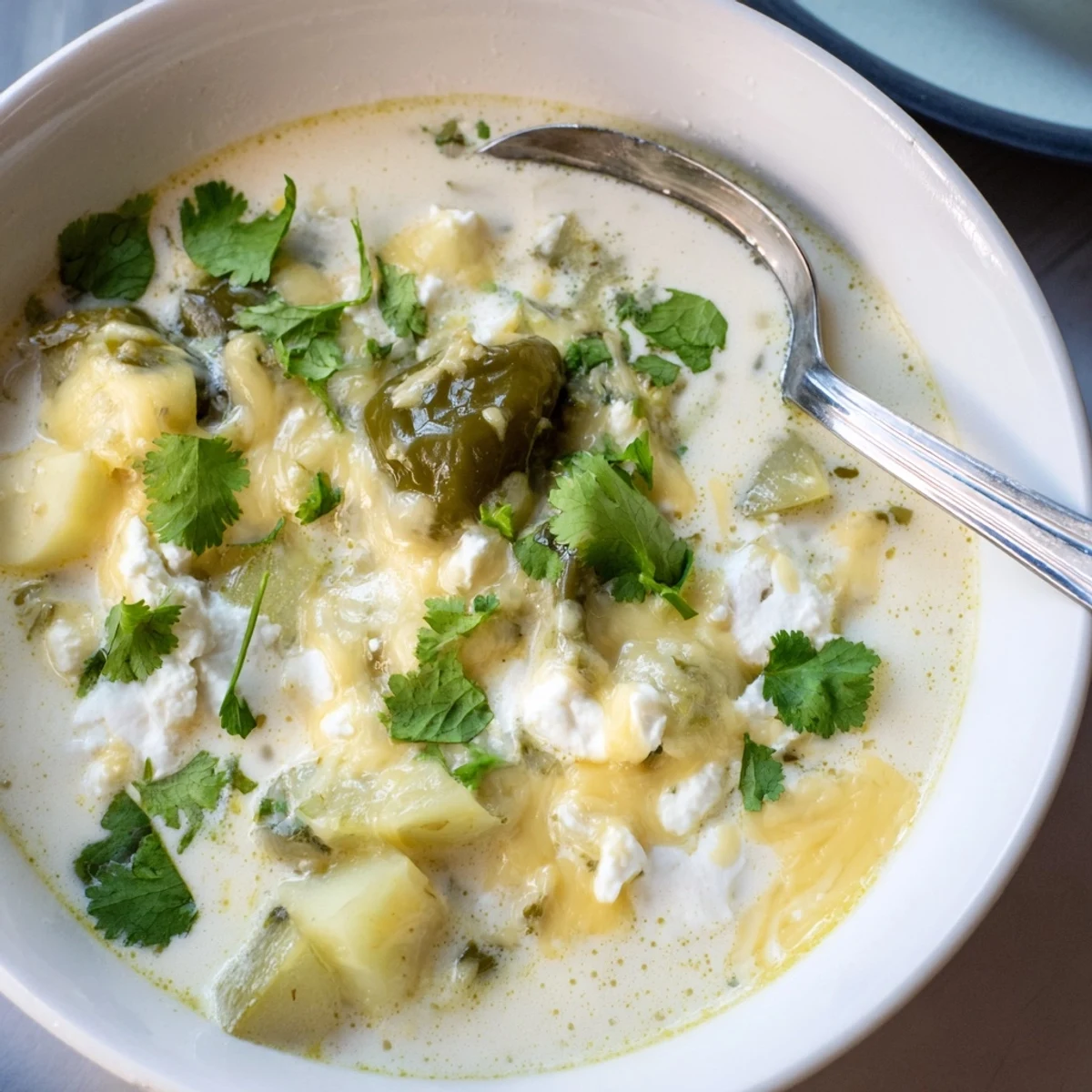 Comforting Chile Relleno Soup topped with crispy tortilla strips and shredded cheese