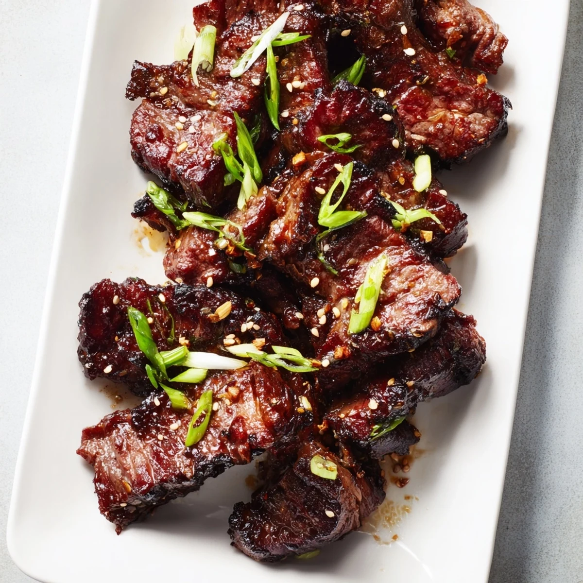 Golden charred Korean Galbi grilled ribs with caramelized edges and sesame garnish on a white platter