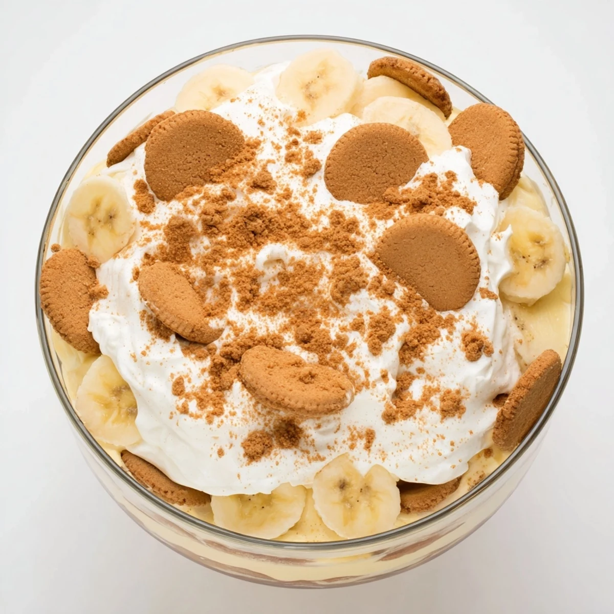 Close-up of creamy Biscoff banana pudding revealing alternating layers of vanilla custard, sliced bananas, and caramelized cookie pieces