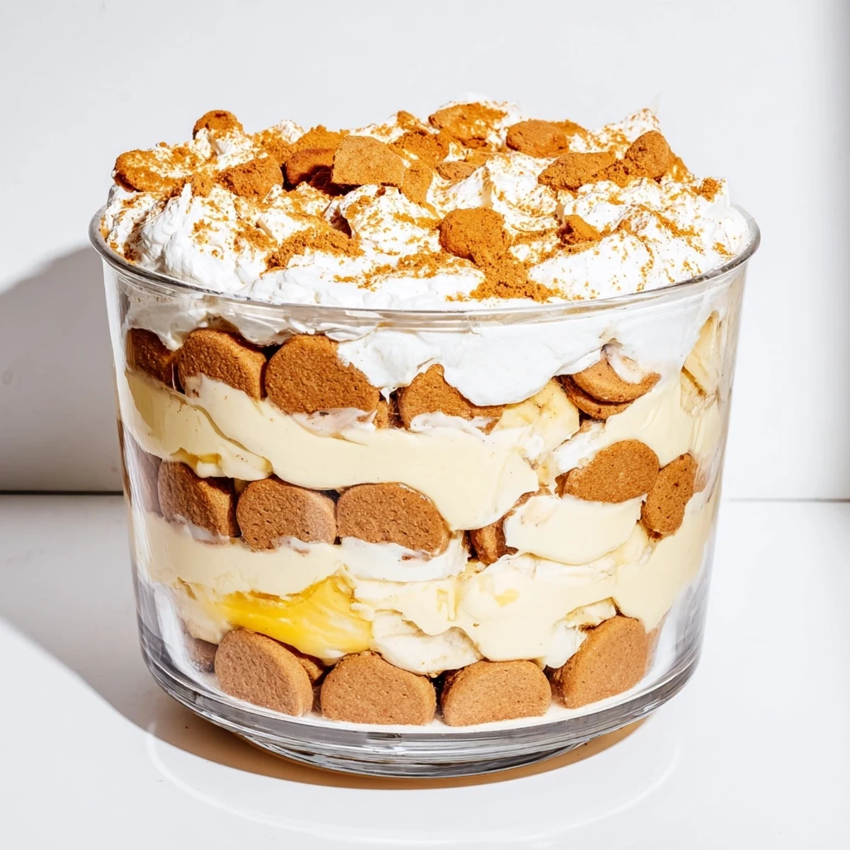 Serving spoon lifting portion of chilled Biscoff banana pudding to display textured layers of soft cookies and sweet banana slices