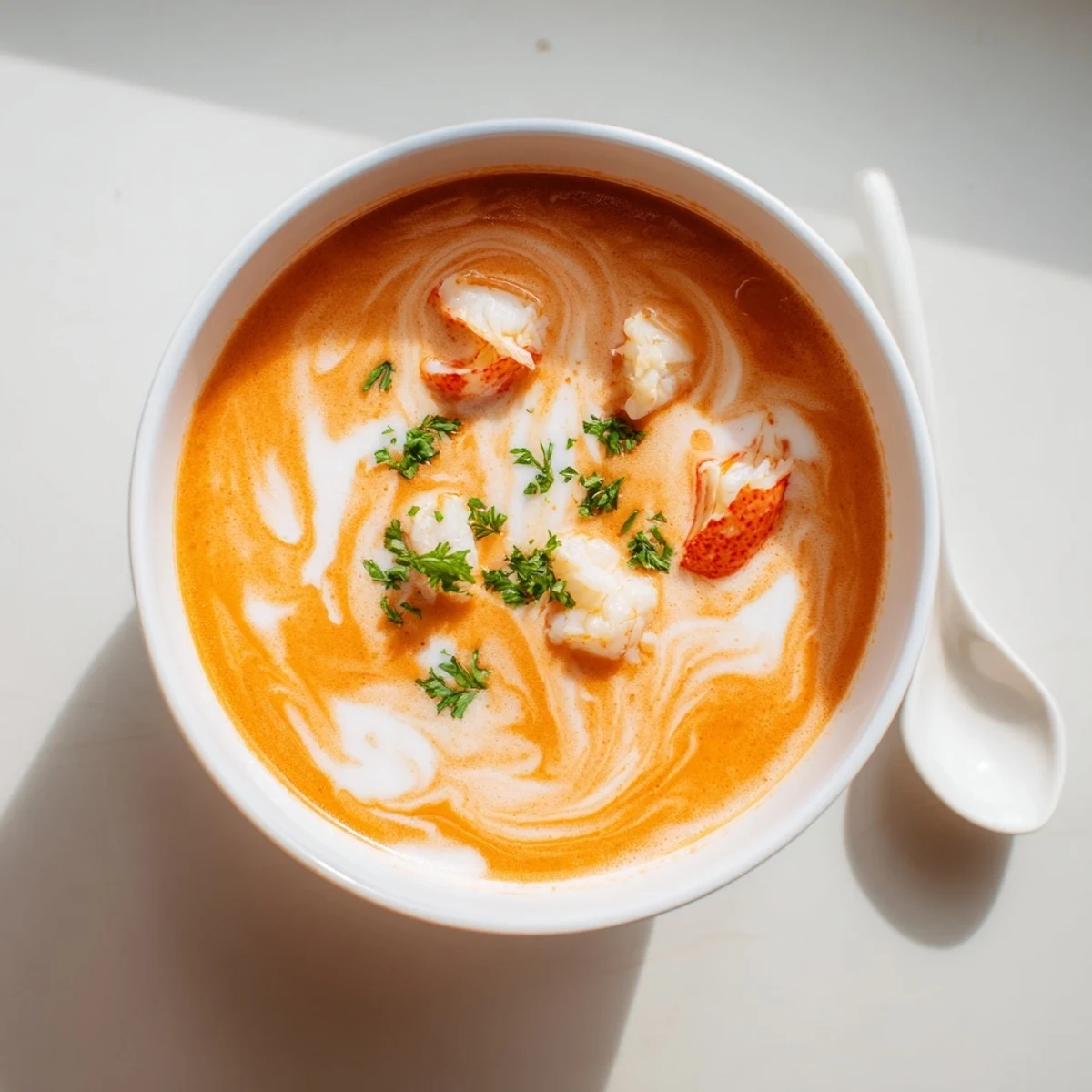Creamy prawn and lobster bisque served in white bowl with fresh parsley garnish