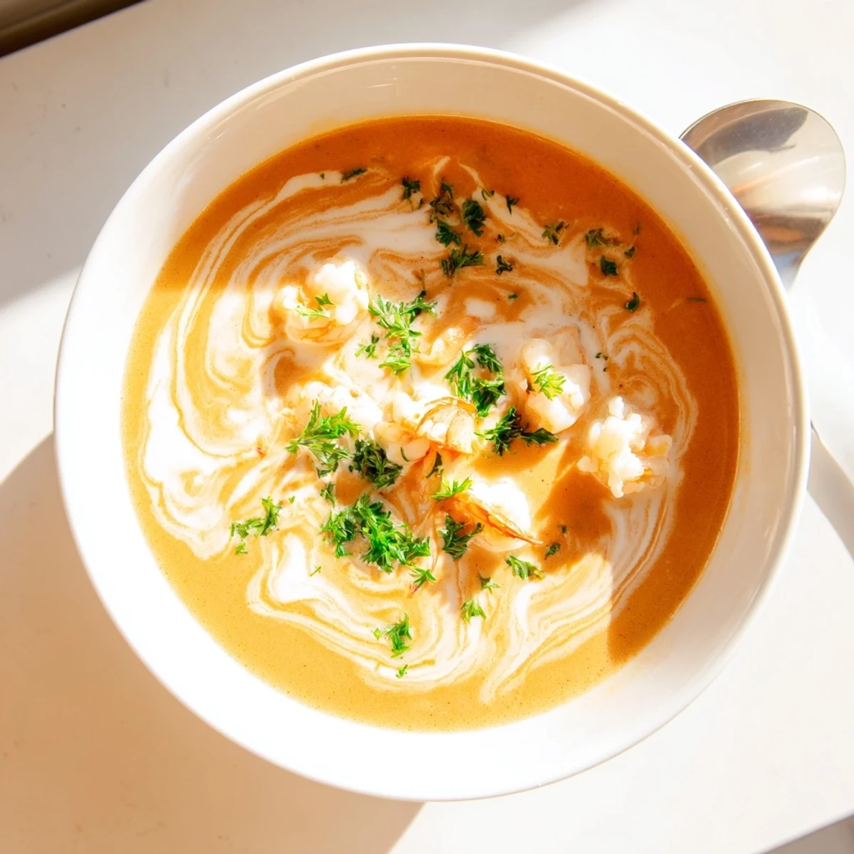 Velvety seafood bisque featuring tender prawn and lobster pieces in rich cream broth