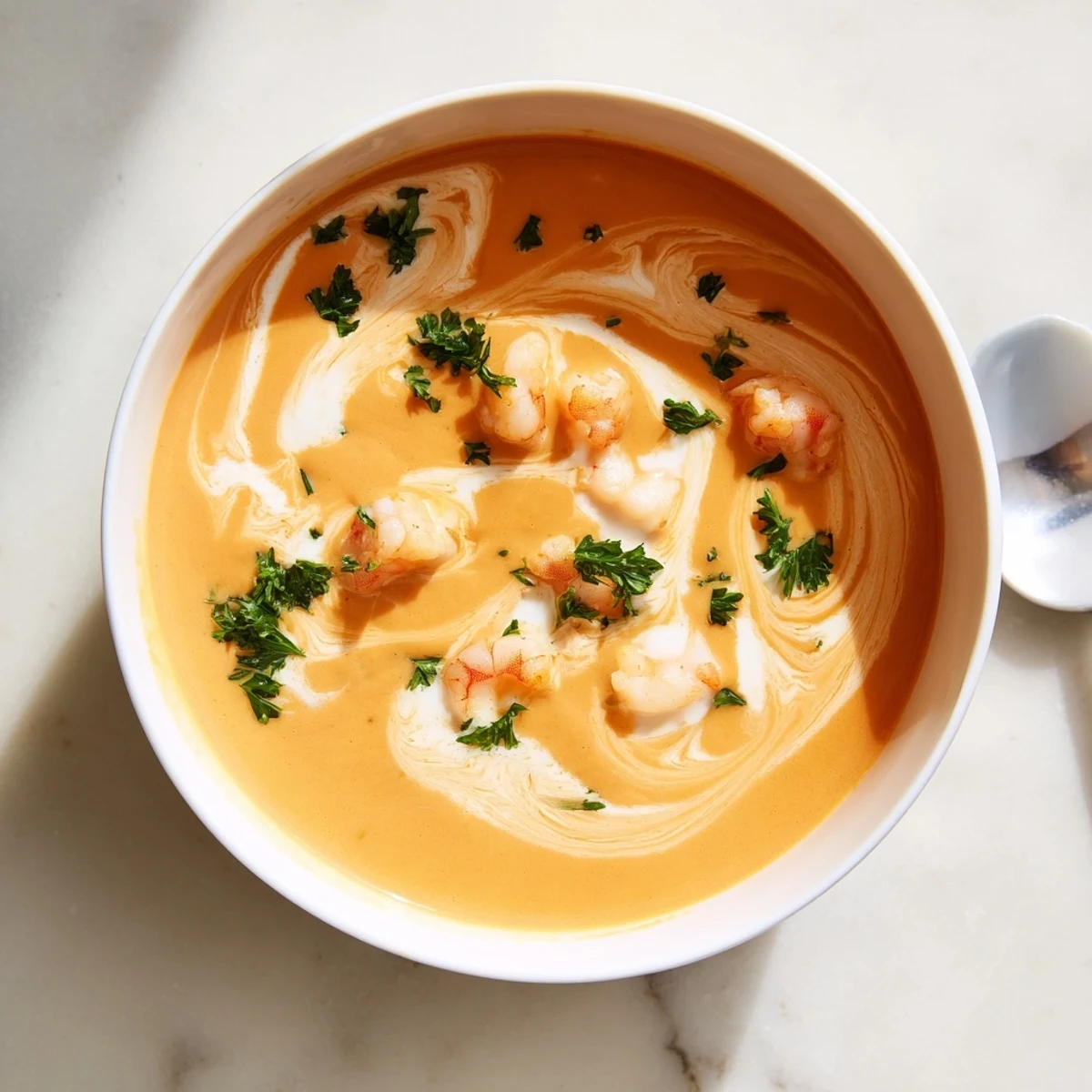 Steaming bowl of French-style prawn and lobster bisque garnished with chopped fresh parsley