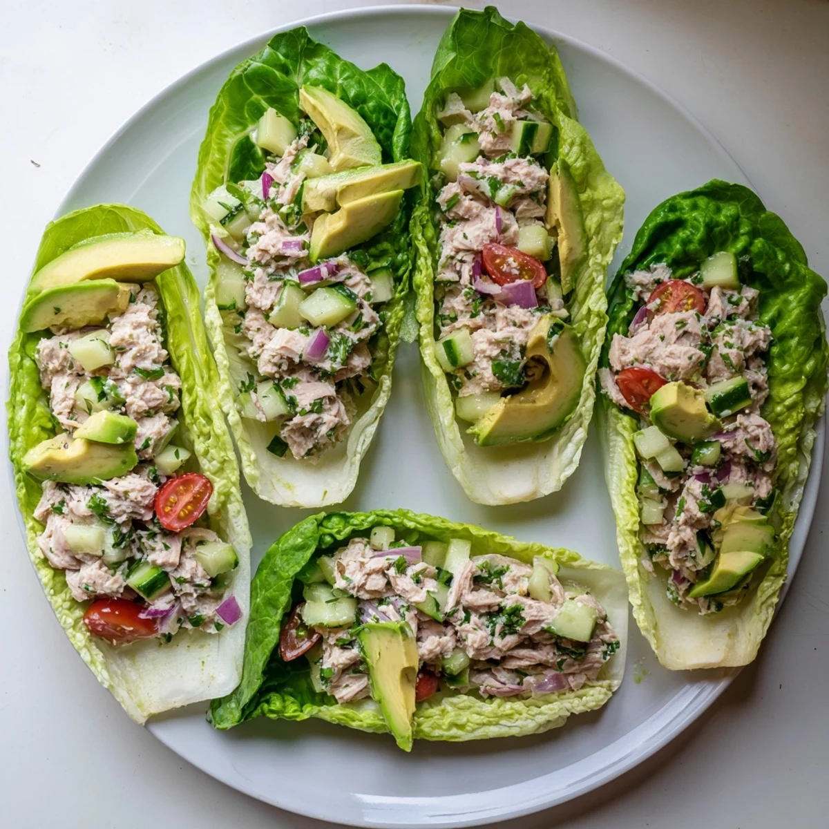 Tuna salad lettuce wraps featuring creamy protein mixture tucked inside fresh green leaves