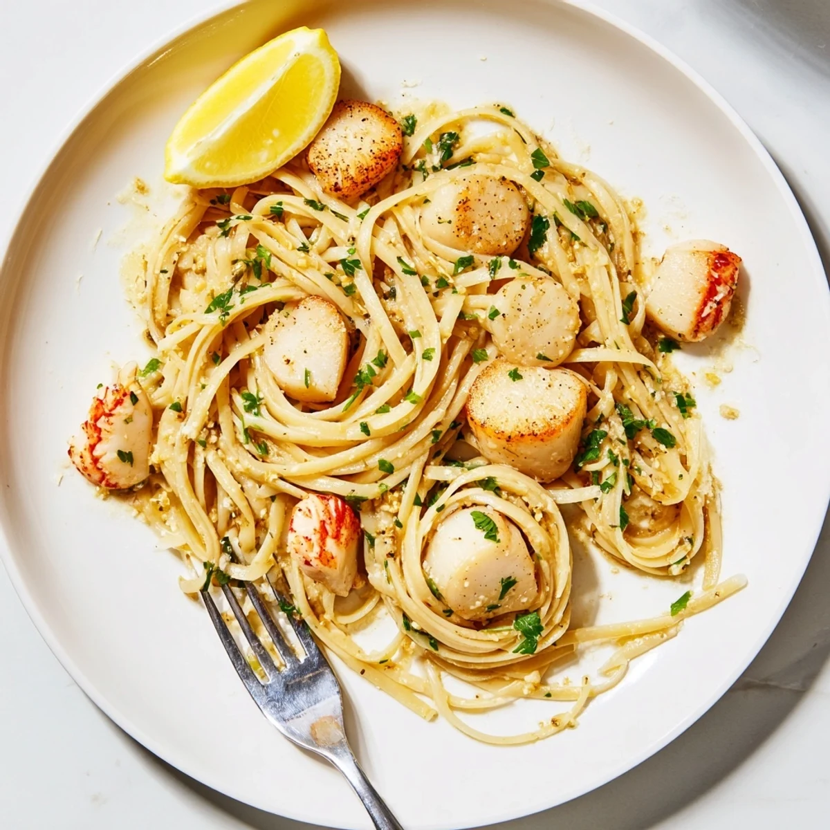 Golden linguine pasta tossed with succulent lobster and seared scallops in rich garlic butter sauce