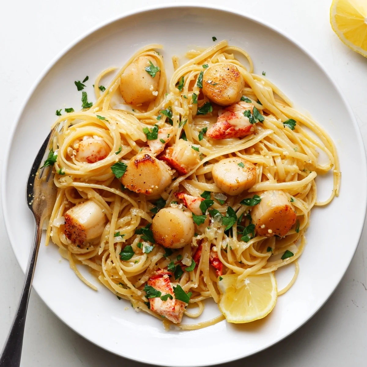 Lobster and scallop garlic butter linguine plated with fresh parsley and lemon wedge garnish