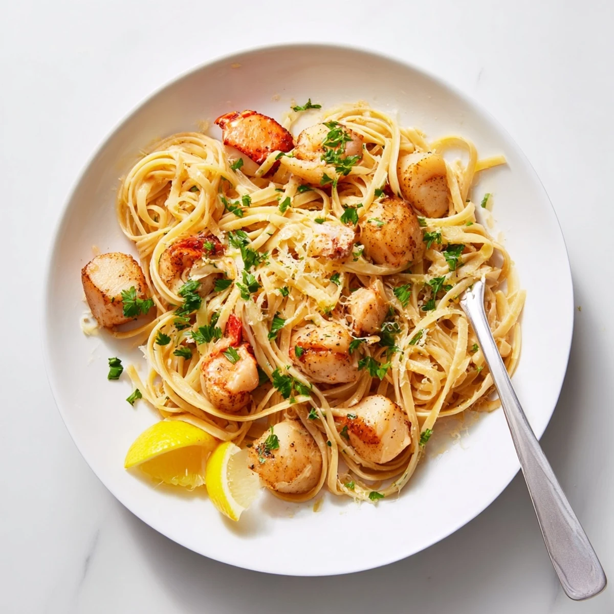 Close-up of tender seafood pasta drizzled with creamy garlic butter and sprinkled with herbs