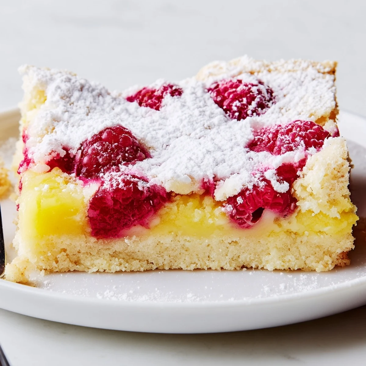 Golden raspberry lemonade bars with powdered sugar dusting on a white serving plate
