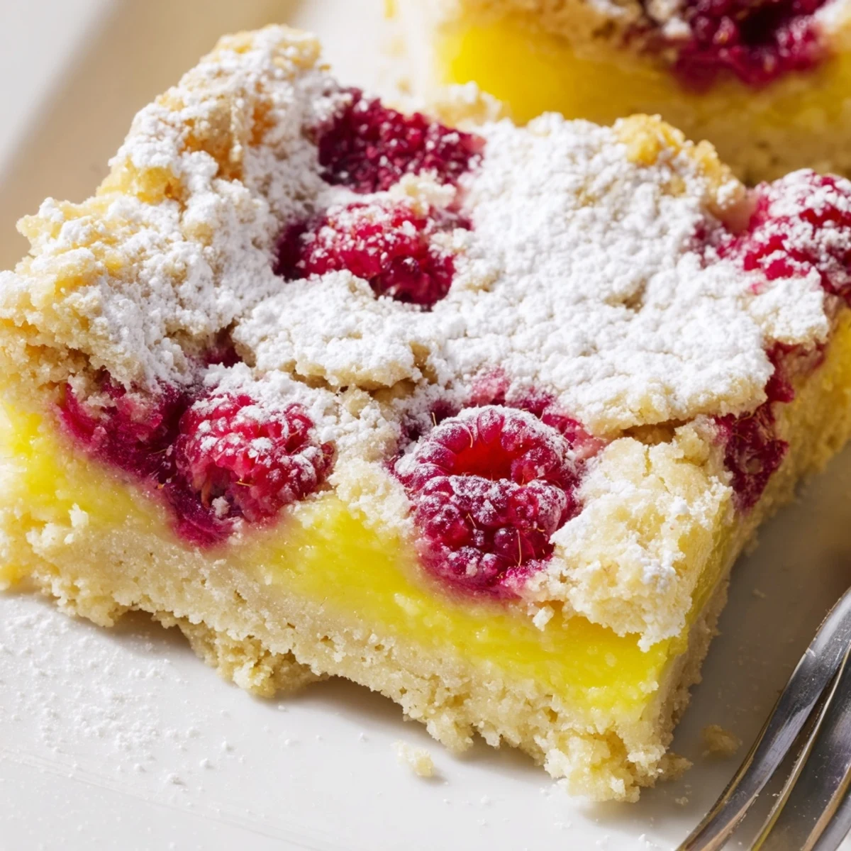 Buttery shortbread crust topped with bright pink raspberry lemon filling and fresh berry garnish