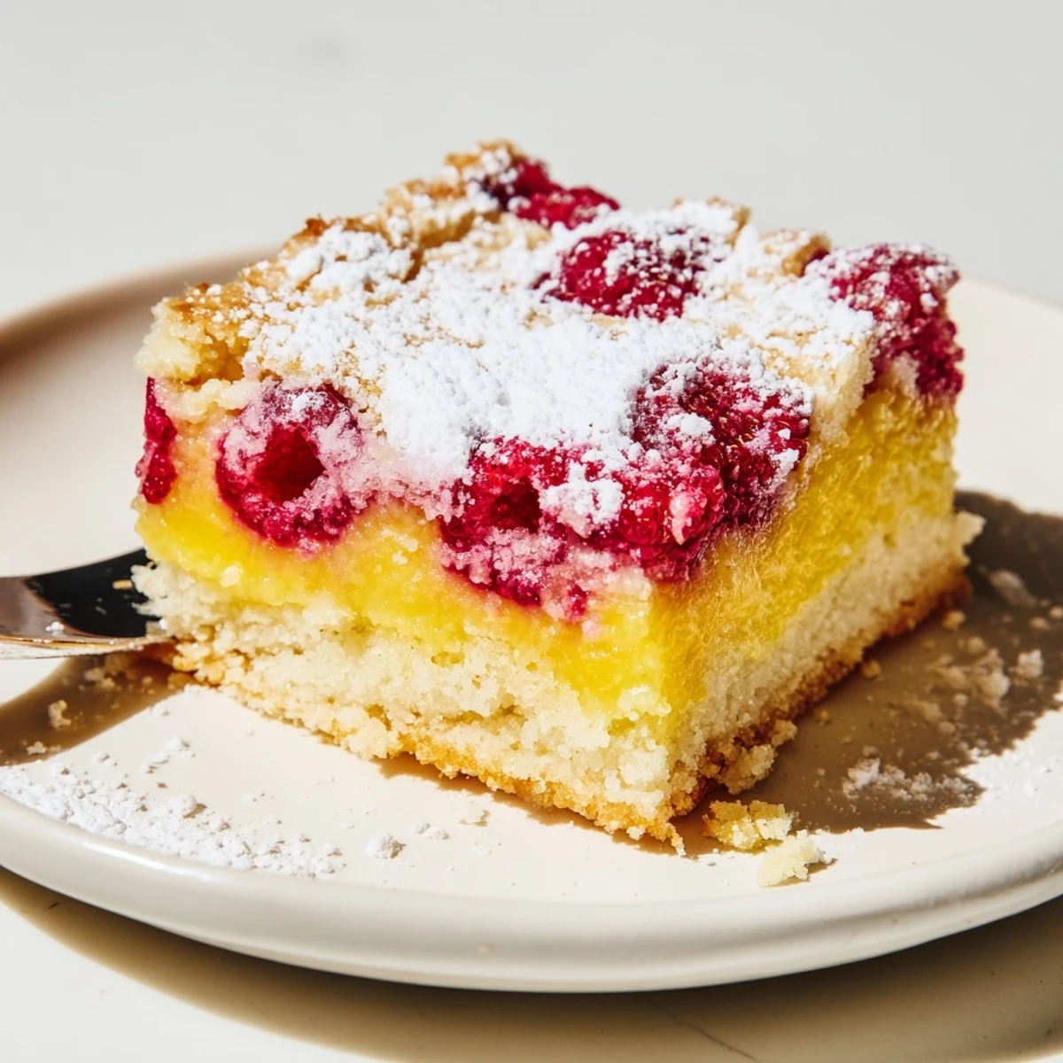 Homemade raspberry lemonade bars sliced into squares with lemon zest and raspberries