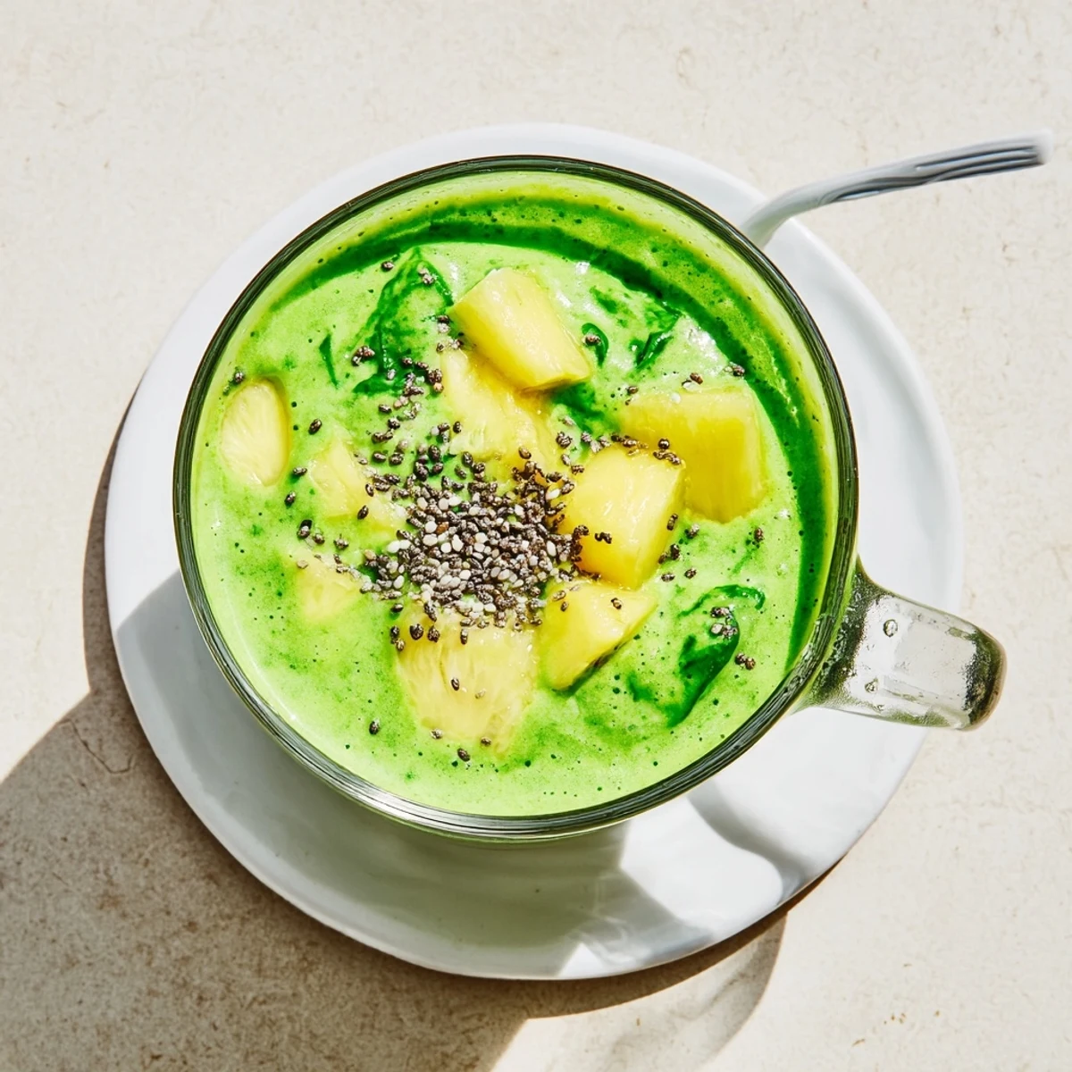 Creamy Greek yogurt green smoothie blended with fresh spinach, banana, and pineapple in a glass