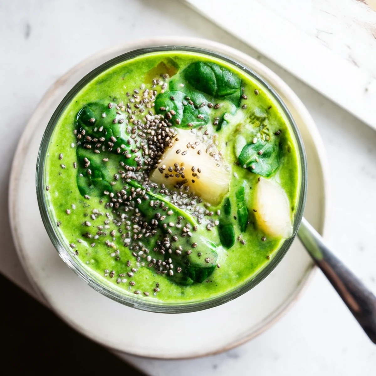 Vibrant green Greek yogurt smoothie topped with chia seeds, featuring spinach and tropical fruit