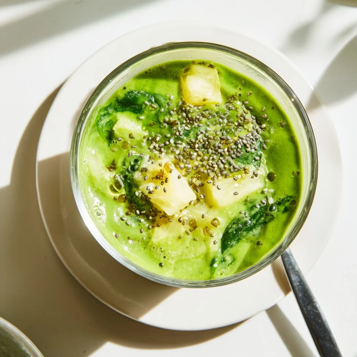 Thick protein-packed Greek yogurt green smoothie poured into a tall glass with fresh fruit garnish