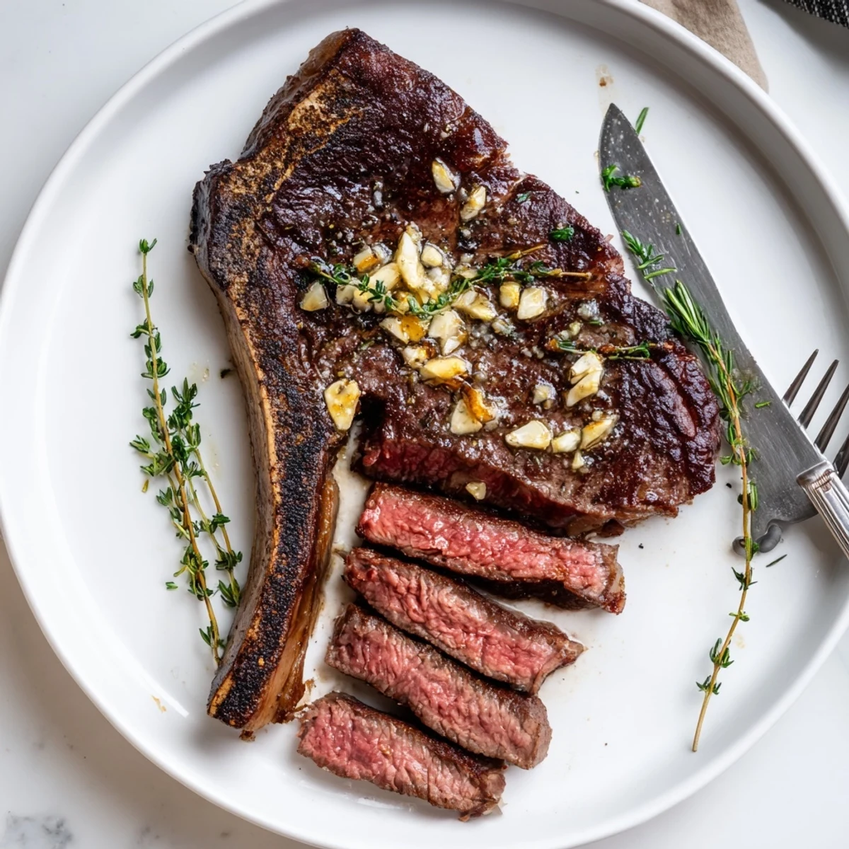Golden seared garlic butter cast iron ribeye steak with aromatic herbs melting on top