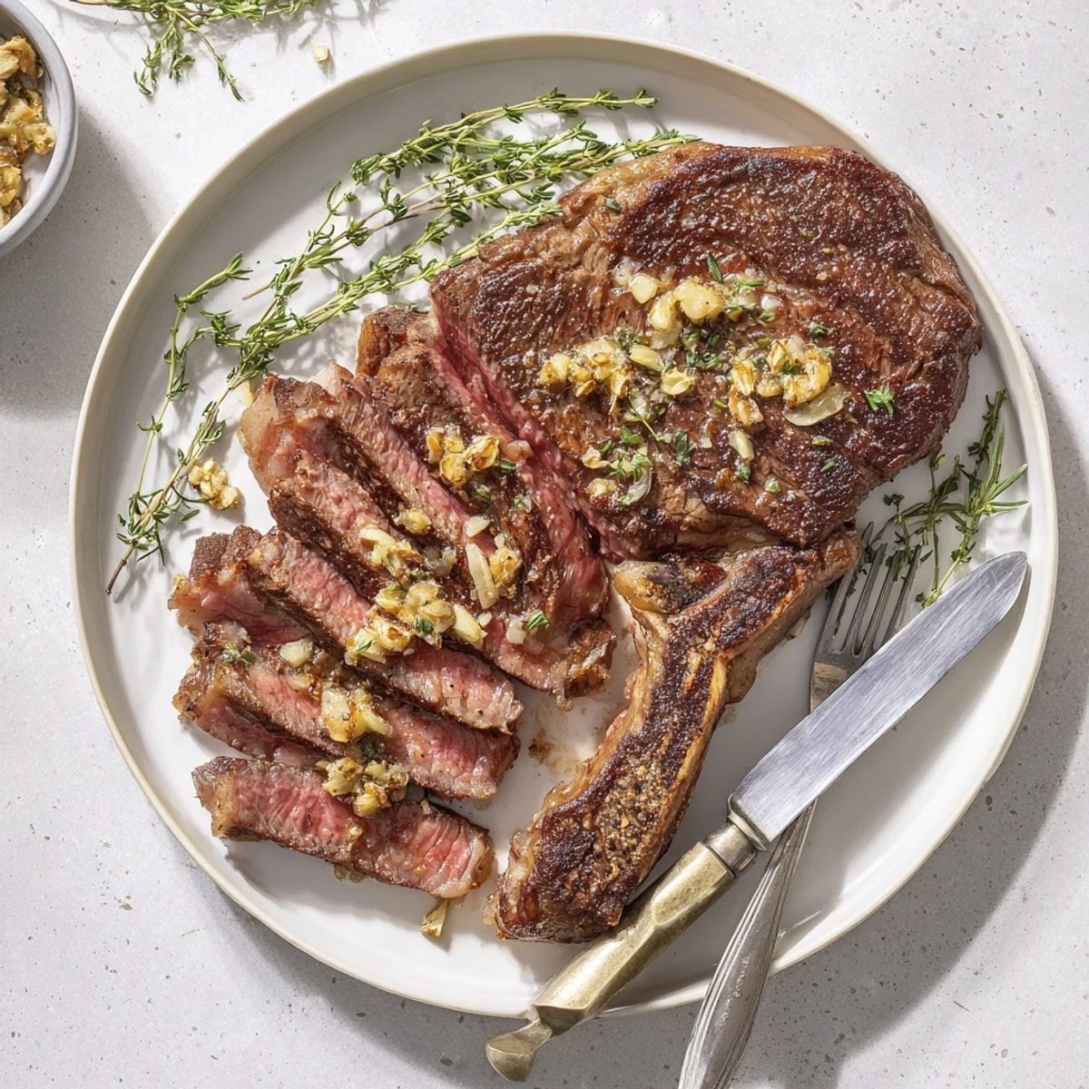 Juicy ribeye steak sizzling in cast iron skillet with garlic butter baste