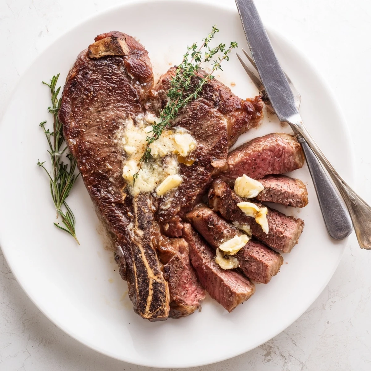 Perfectly cooked cast iron ribeye steak resting with melted garlic butter and fresh thyme