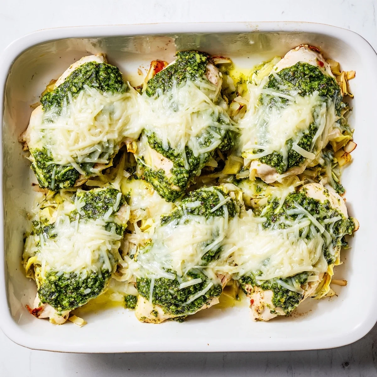 Golden bubbly Pesto Spinach Artichoke Chicken Bake fresh from the oven with melted mozzarella cheese