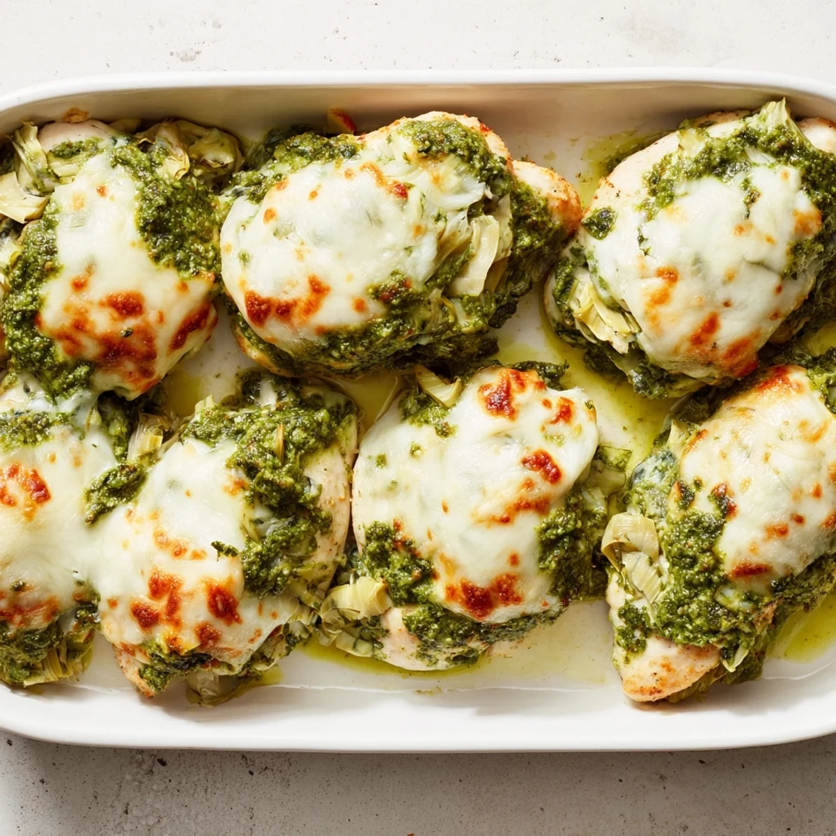 Creamy spinach and artichoke topped chicken breasts baked with vibrant pesto and gooey cheese layer