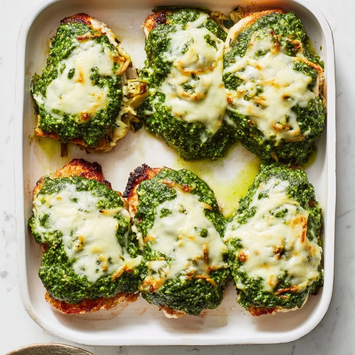 Serving of Pesto Spinach Artichoke Chicken Bake featuring tender chicken under bubbling golden brown cheese topping