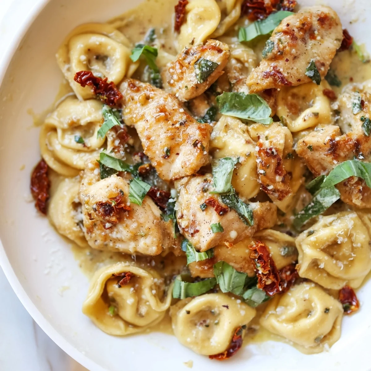 Creamy Marry Me Chicken Tortellini Skillet with golden chicken and sun-dried tomato parmesan sauce