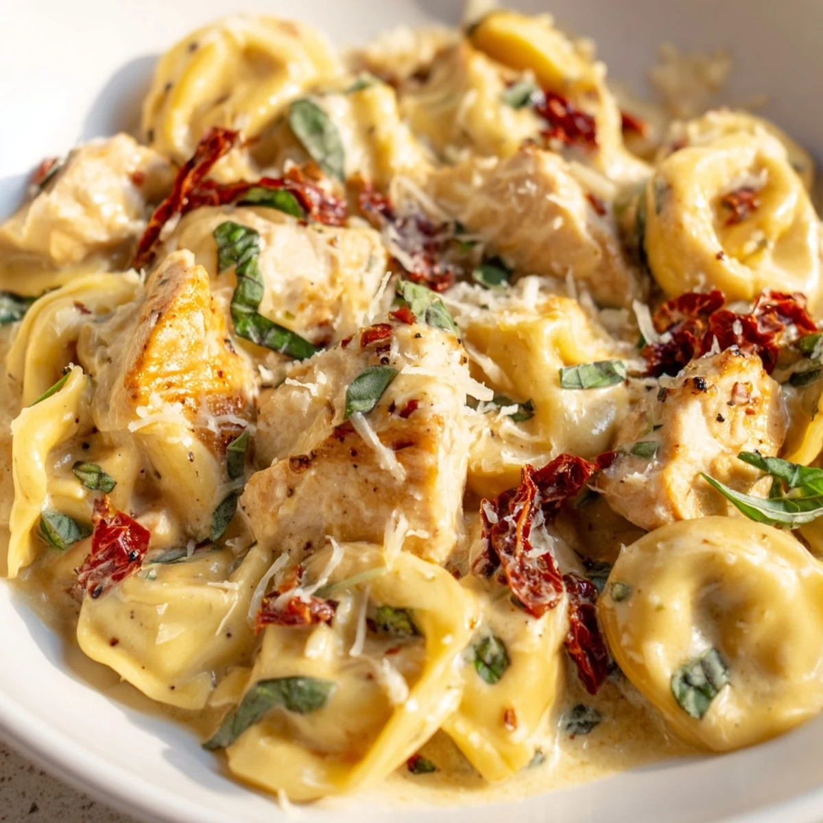One-pan chicken tortellini in rich garlic cream sauce topped with fresh basil and parmesan