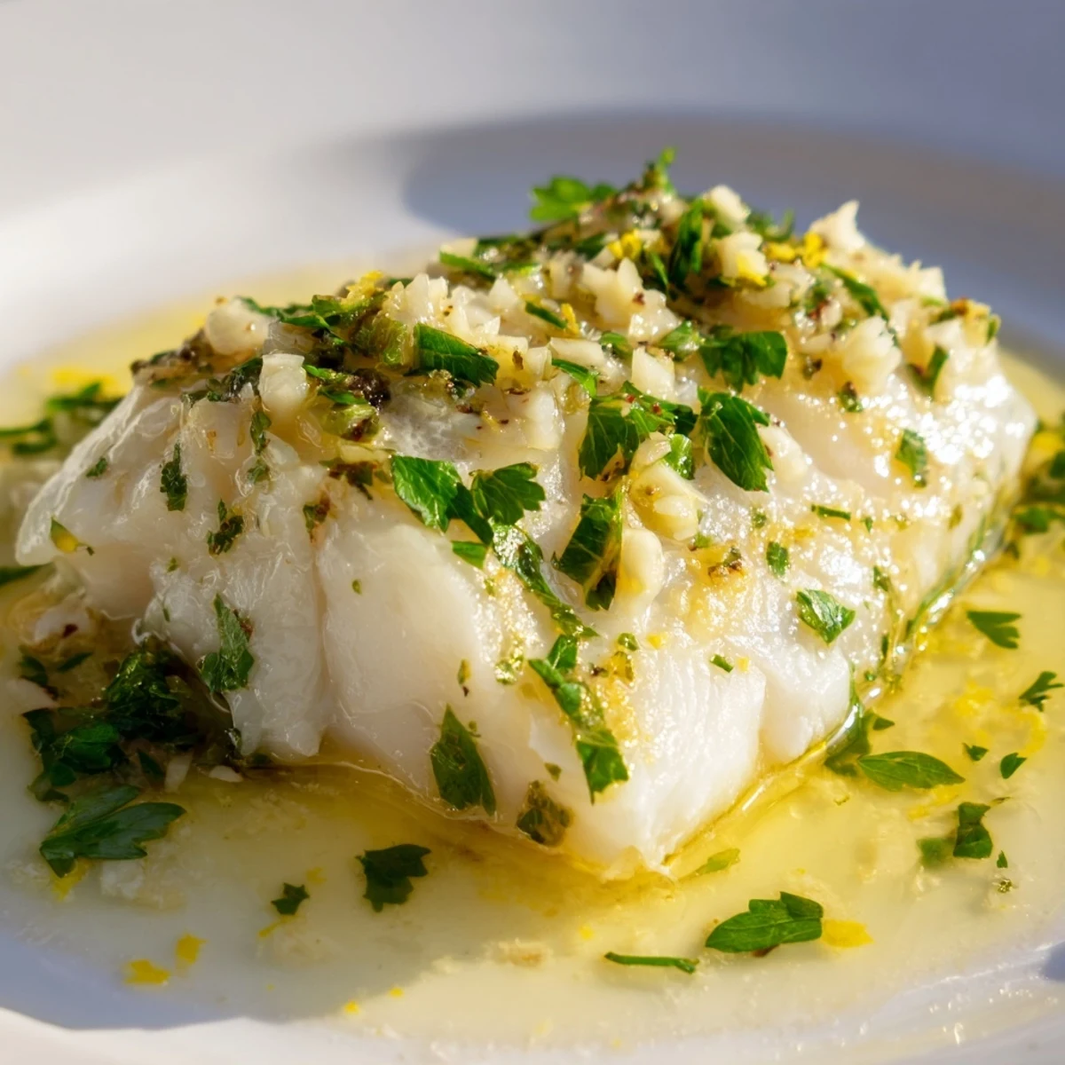 Golden baked Lemon Garlic Baked Cod flaking apart under zesty melted butter sauce with fresh parsley garnish