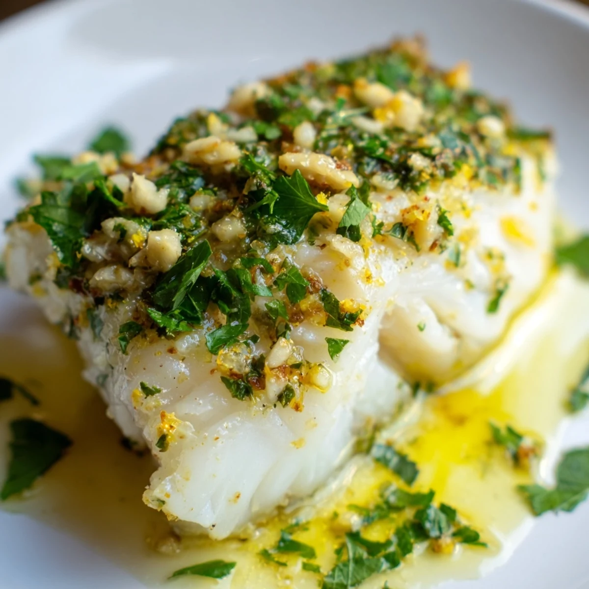 Tender flaky white Lemon Garlic Baked Cod served on a white plate with bright lemon wedges