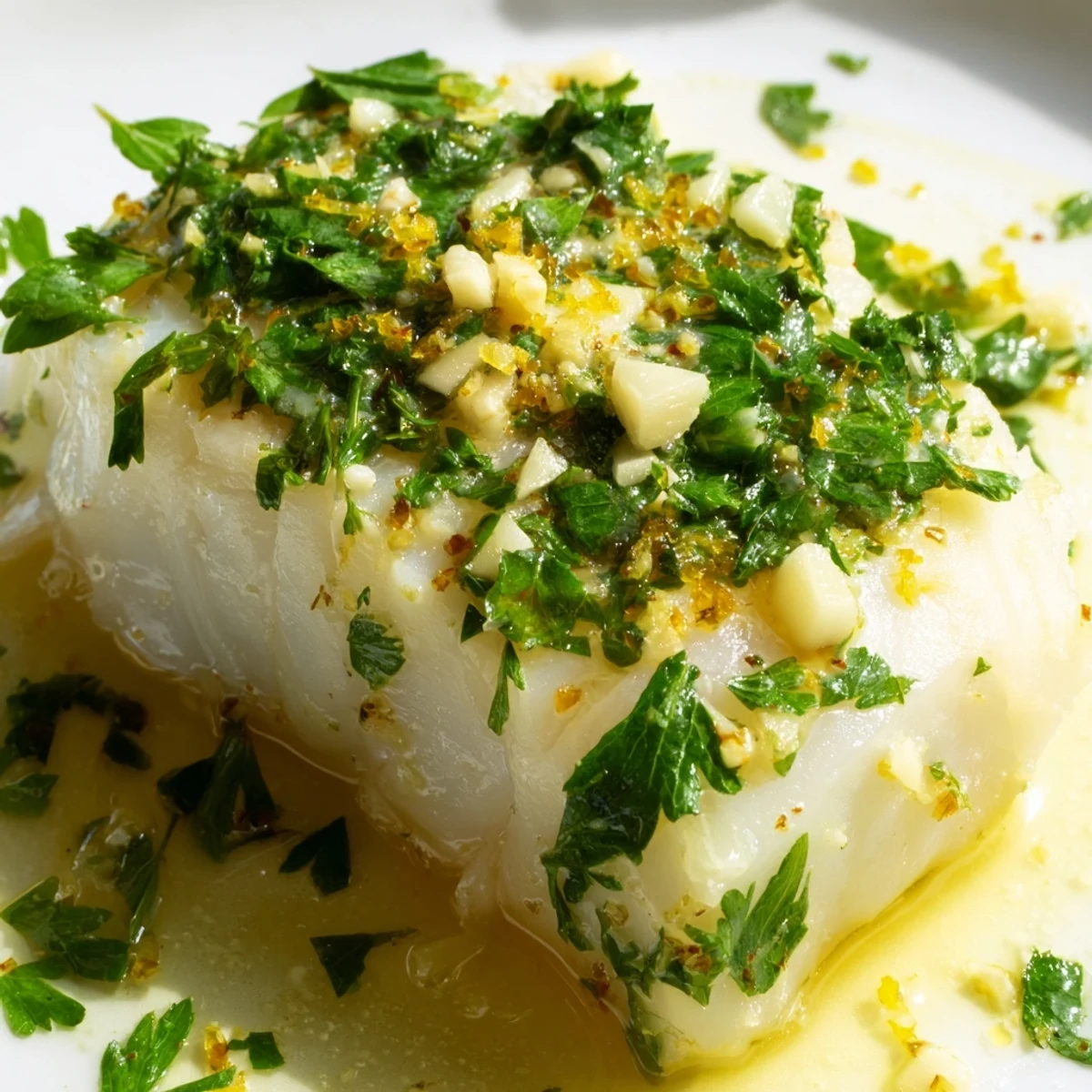 Oven-roasted Lemon Garlic Baked Cod glistening with olive oil and minced garlic in a ceramic baking dish