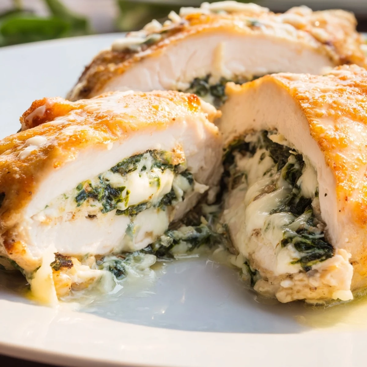Golden baked spinach ricotta chicken breasts with melted mozzarella topping on white plate