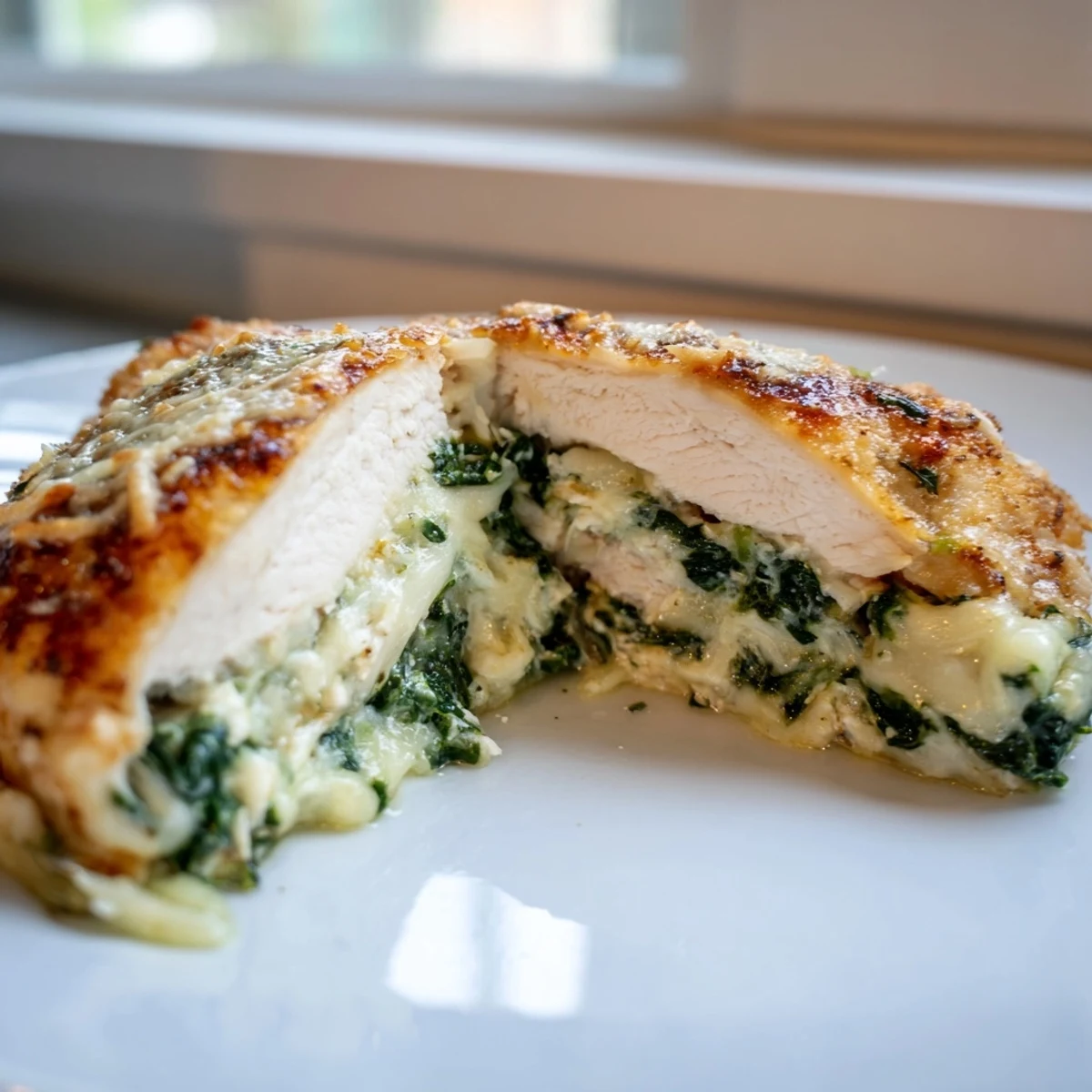 Stuffed chicken breast sliced open revealing creamy green spinach ricotta filling with crispy cheese