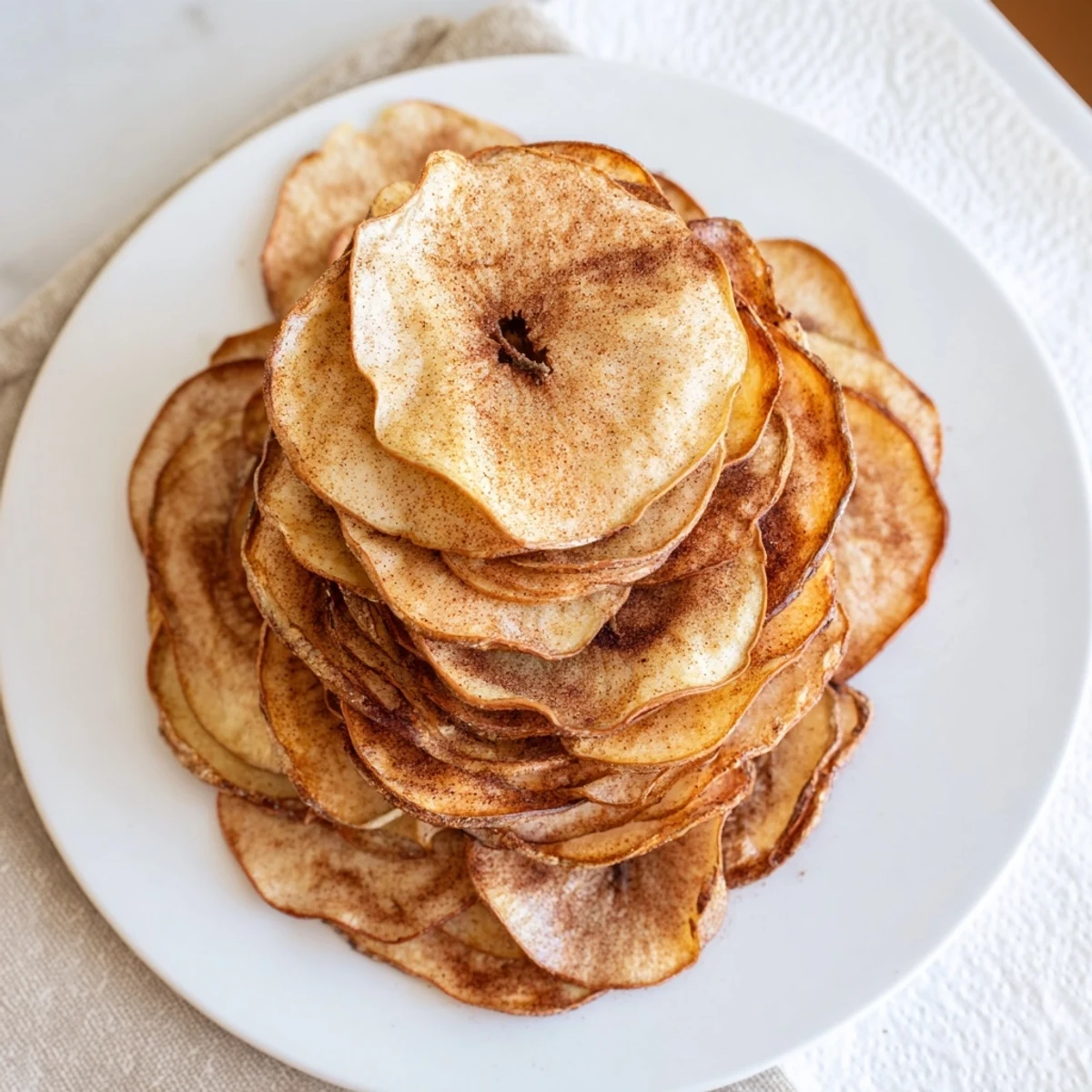 Golden brown crispy air fryer apple chips dusted with warm cinnamon arranged on a white serving plate