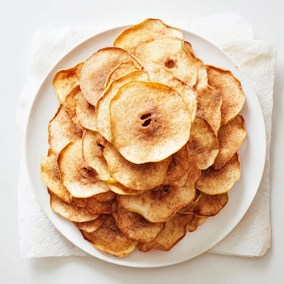 Homemade cinnamon apple chips stacked neatly showing their crispy texture and golden edges after air frying