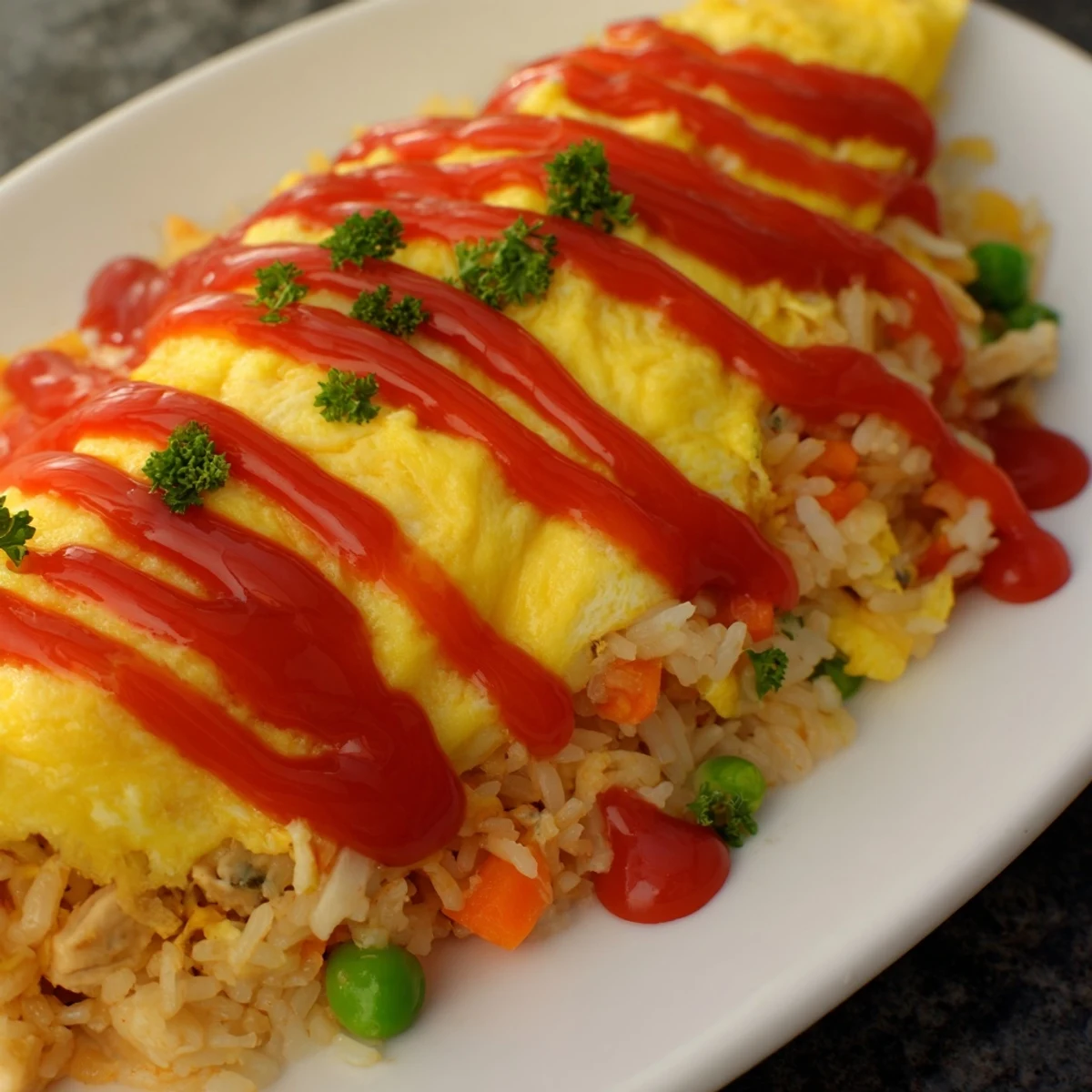 Golden omelet wrapped around savory ketchup fried rice in this classic omurice dish