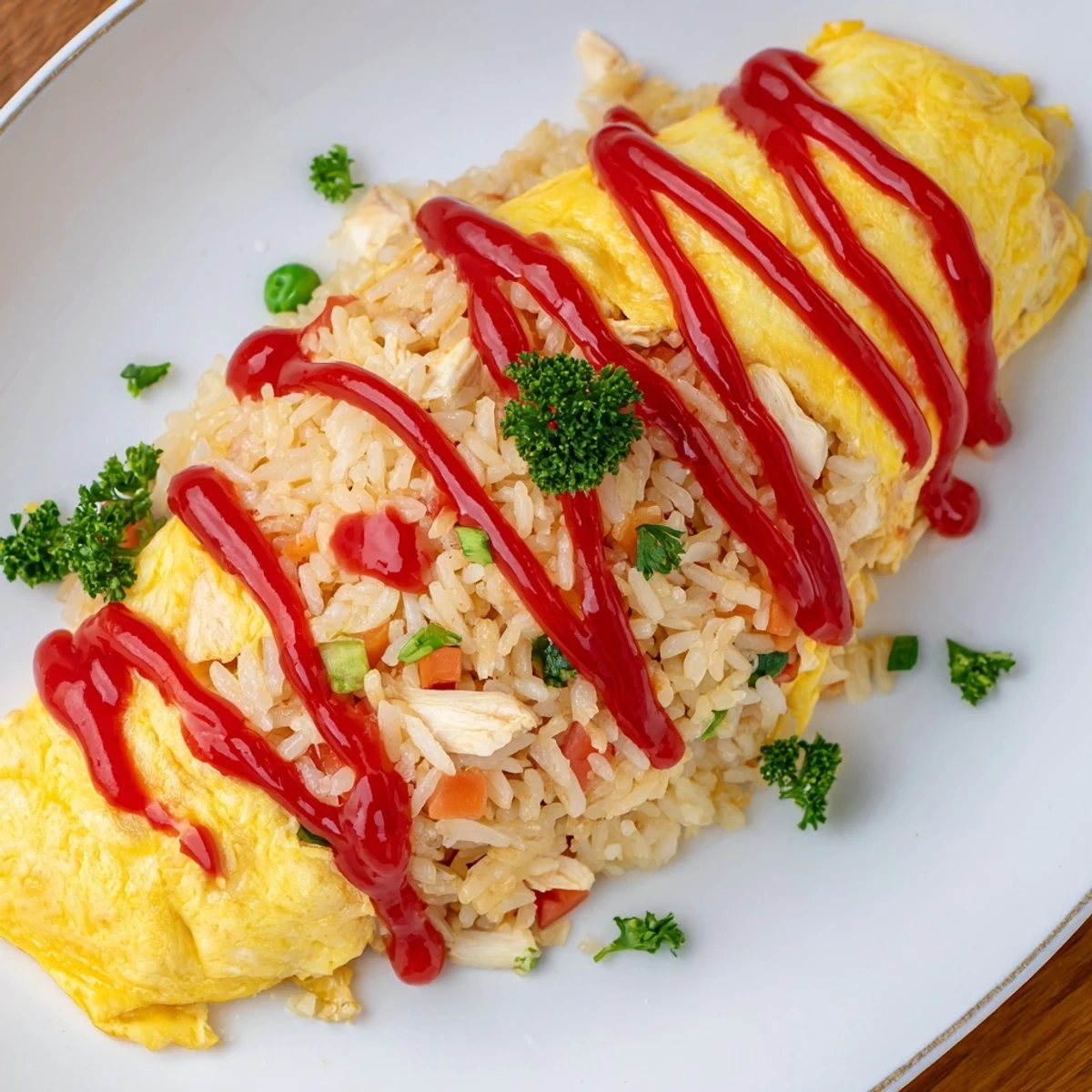 Fluffy yellow egg cocooning seasoned vegetable and chicken rice in homemade omurice
