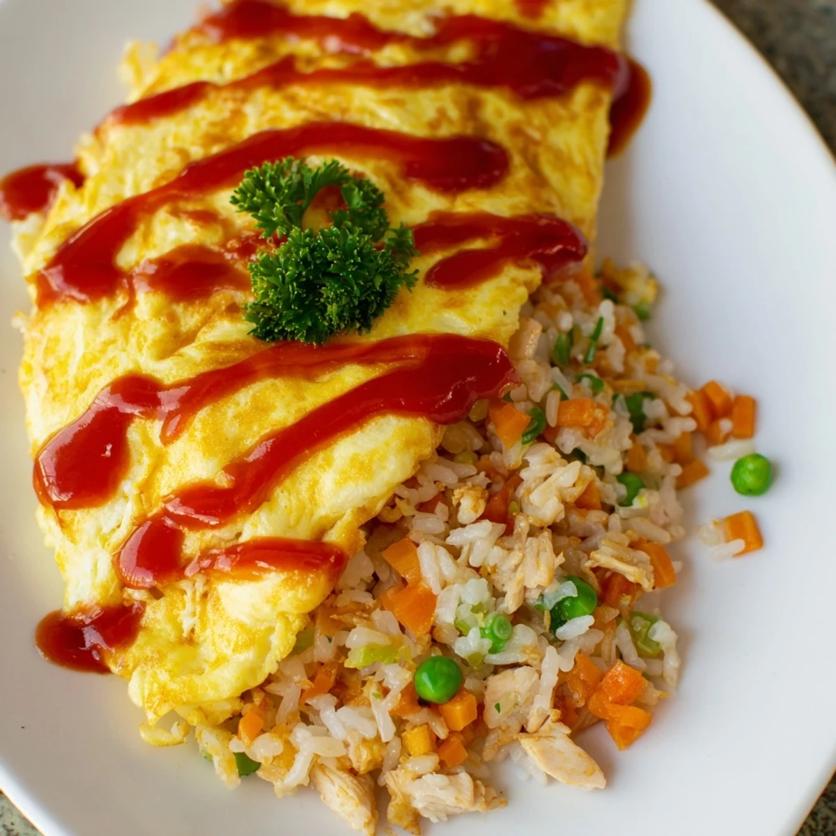 Silky egg blanket topping golden fried rice mounds drizzled with tangy ketchup omurice