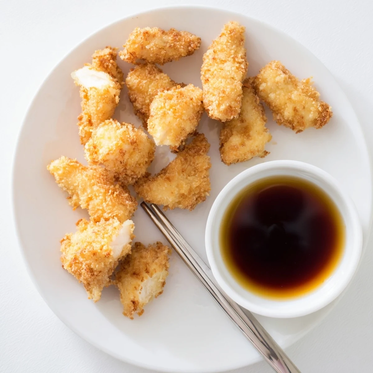 Golden brown chicken tempura pieces with crispy light batter served alongside tangy dipping sauce