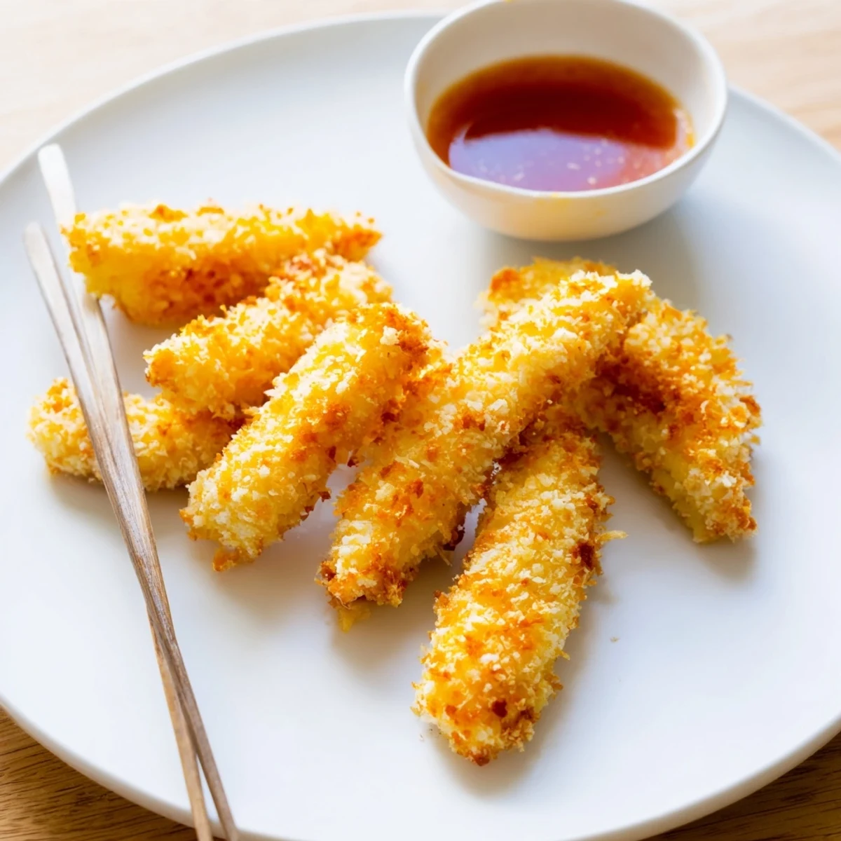 Japanese-style chicken tempura featuring tender fried strips with airy crunch on white serving plate