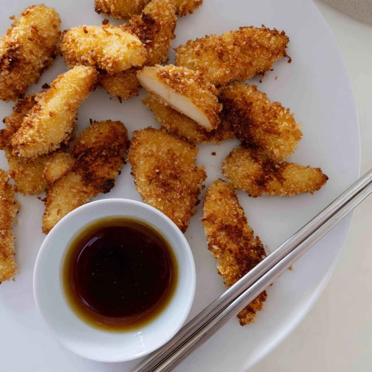 Homemade chicken tempura arranged on wire rack with glistening batter and small sauce bowl