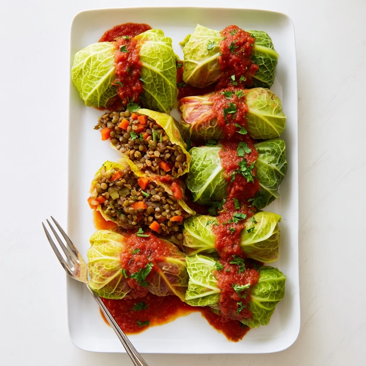Golden vegan cabbage rolls bubbling in rich tomato sauce after baking to tender perfection