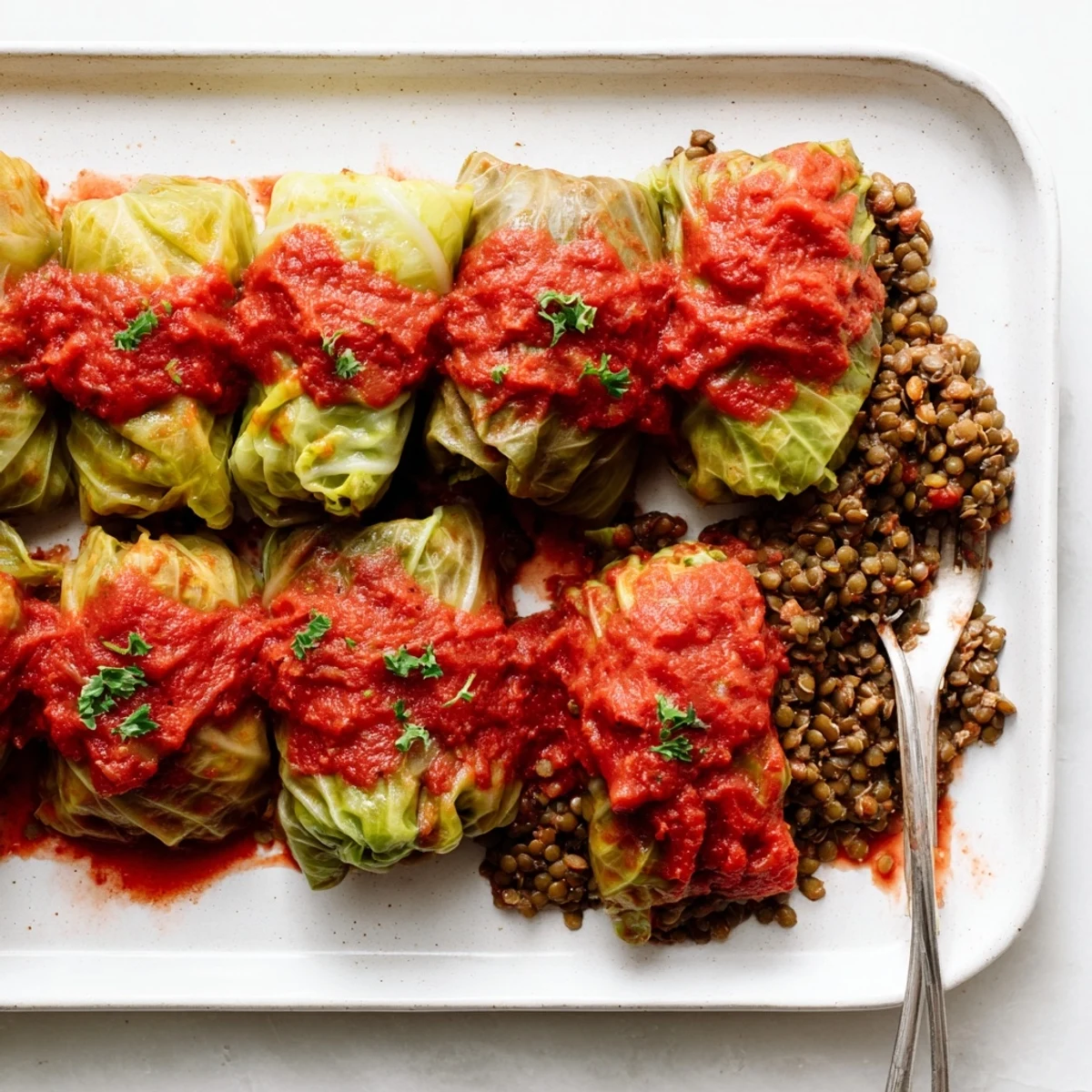 Plated vegan cabbage rolls served with crusty bread and garnished with fresh parsley