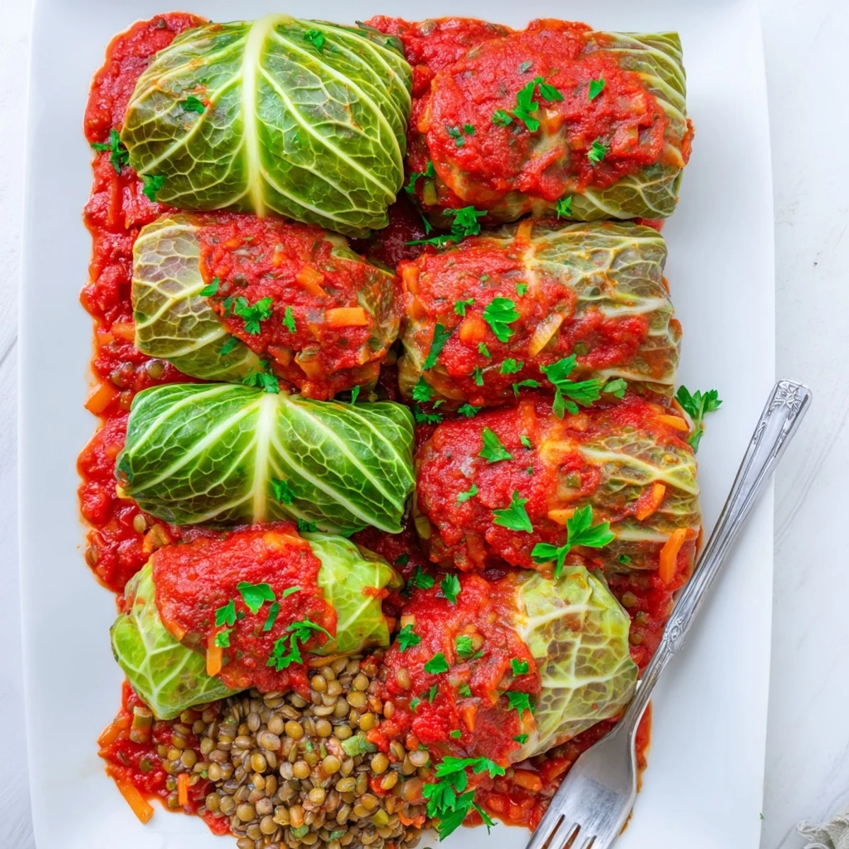 Tight cabbage parcels stuffed with savory lentil rice filling swimming in vibrant red tomato sauce