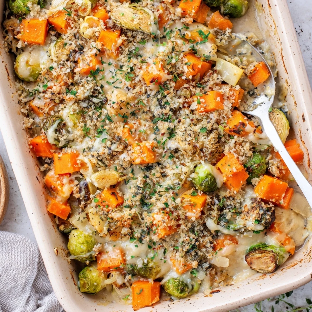 Golden bubbling creamy winter vegetable casserole topped with melted Gruyère cheese and buttery panko breadcrumbs